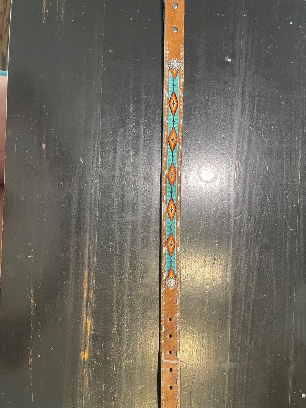 Kids Western Beaded Leather Belt in Turquoise and Brown size 22